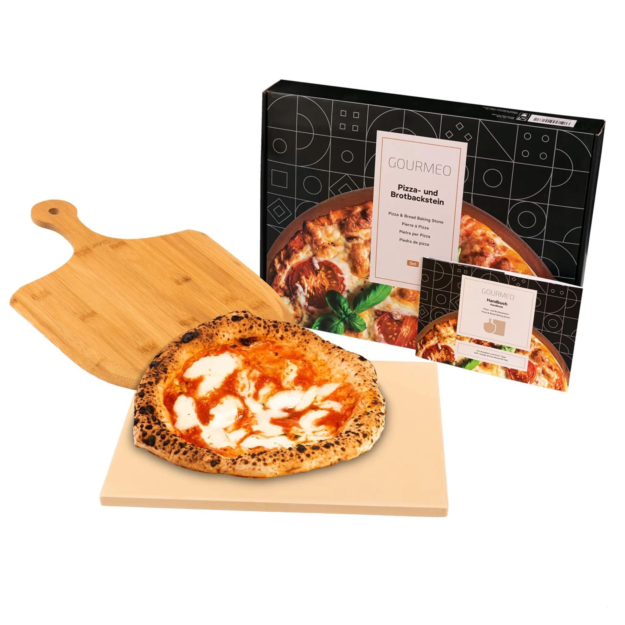 GOURMEO Pizzastein Set mit Bambus-Schaufel – 38x30cm Eckig – Cordierite Pizza Stein für Backofen, Gasgrill & Grill – Gleichmäßige Hitzeverteilung & leichte Reinigung